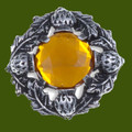 Thistle Flower Antiqued Round Orange Glass Stone Stylish Pewter Brooch