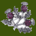 Triple Flower Antiqued Dark Purple Glass Stone Thistle Stylish Pewter Brooch