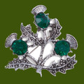 Triple Flower Antiqued Green Glass Stone Thistle Stylish Pewter Brooch
