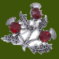 Triple Flower Antiqued Red Glass Stone Thistle Stylish Pewter Brooch
