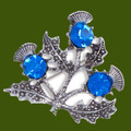 Triple Flower Antiqued Blue Glass Stone Thistle Stylish Pewter Brooch