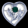 Thistle Flower Heart Green Glass Stone Chrome Plated Brooch