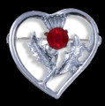 Thistle Flower Heart Red Glass Stone Chrome Plated Brooch