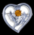 Thistle Flower Heart Orange Glass Stone Chrome Plated Brooch