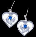 Thistle Flower Heart Blue Glass Stone Sheppard Hook Chrome Plated Earrings