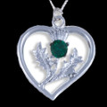 Thistle Flower Heart Green Glass Stone Chrome Plated Pendant