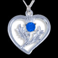 Thistle Flower Heart Blue Glass Stone Chrome Plated Pendant