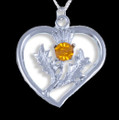 Thistle Flower Heart Orange Glass Stone Chrome Plated Pendant