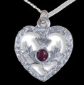Thistle Flower Textured Heart Purple Glass Stone Chrome Plated Pendant