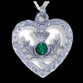 Thistle Flower Textured Heart Green Glass Stone Chrome Plated Pendant