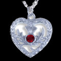 Thistle Flower Textured Heart Red Glass Stone Chrome Plated Pendant