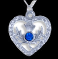 Thistle Flower Textured Heart Blue Glass Stone Chrome Plated Pendant