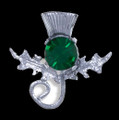 Thistle Single Flower Head Green Glass Stone Chrome Plated Brooch