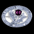 Thistle Flower Oval Purple Glass Stone Chrome Plated Brooch