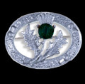 Thistle Flower Oval Green Glass Stone Chrome Plated Brooch