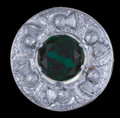 Thistle Flower Shoulder Round Green Glass Stone Chrome Plated Brooch