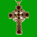 Celtic Cross Antiqued Knotwork Red Glass Stones Gold Plated Pendant