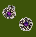 Celtic Knotwork Round Amethyst Glass Stone Small Stud Stylish Pewter Earrings