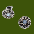 Celtic Knotwork Round Rainbow Moonstone Glass Stone Small Stud Stylish Pewter Earrings
