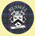 Russell Coat of Arms Tartan Cork Round Scottish Name Coasters Set of 2