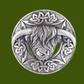 Highland Coo Celtic Round Open Antique Finish Stylish Pewter Plaid Brooch