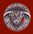 Highland Coo Celtic Round Open Chocolate Bronze Plaid Brooch