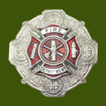 Fire Department Red Chrome Finish Stylish Pewter Plaid Brooch