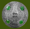 Clancy Irish Coat Of Arms Celtic Round Green Stones Pewter Plaid Brooch