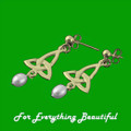 Celtic Knotwork Trinity Knot Freshwater Pearl 9K Yellow Gold Earrings