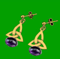 Celtic Trinity Knot Oval Purple Amethyst Drop 9K Yellow Gold Earrings