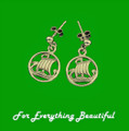 Viking Ship Design Norse Round Small Drop 9K Yellow Gold Earrings