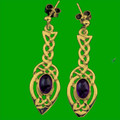 Celtic Knot Leaf Purple Amethyst Long 9K Yellow Gold Drop Earrings