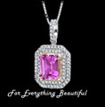 Pink Sapphire Emerald Cut Cubic Zirconia Double Framed Sterling Silver Pendant
