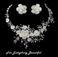 Porcelain Floral Pearl Crystal Vines Wedding Necklace Earrings Bridal Set