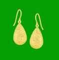 14K Yellow Gold Honeycomb Mesh Pear French Wire Earrings