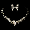 Ivory Freshwater Pearl Rhinestone Floral Wedding Necklace Earrings Bridal Set