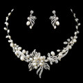 Freshwater Pearl Rhinestone Floral Leaf Wedding Necklace Earrings Bridal Set