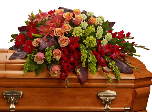 Orange, Red, & Green Casket Cover | Houston Funeral Flowers