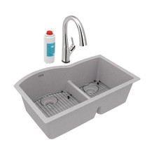 ELKAY  ELGHU3322RGSFLC Quartz Classic 33" x 22" x 10", Offset 60/40 Double Bowl Undermount Sink Kit with Filtered Faucet with Aqua Divide, Greystone