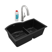 ELKAY  ELGHU3322RBKFLC Quartz Classic 33" x 22" x 10", Offset 60/40 Double Bowl Undermount Sink Kit with Filtered Faucet with Aqua Divide, Black