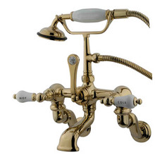 Kingston Brass Adjustable 3-3/8" - 10" Center Wall Mount Clawfoot Tub Filler Faucet with Hand Shower - Polished Brass CC461T2