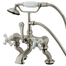 Kingston Brass Adjustable 3-3/8" - 10" Center Deck Mount Clawfoot Tub Filler Faucet with Hand Shower - Satin Nickel CC417T8