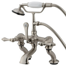 Kingston Brass Adjustable 3-3/8" - 10" Center Deck Mount Clawfoot Tub Filler Faucet with Hand Shower - Satin Nickel