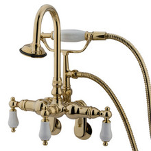 Kingston Brass 3-3/8" - 9" Adjustable Center Wall Mount Clawfoot Tub Filler Faucet with Hand Shower - Polished Brass CC305T2