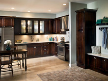 Kraftmaid Kitchen Cabinets - Square Recessed Panel - Veneer (LY) Cherry in Peppercorn