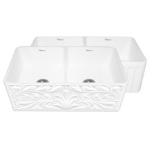 Whitehaus WHFLGO3318-WHITE Farmhaus Fireclay Reversible Double Bowl Sink with Gothichaus Swirl Design or Fluted Front Apron - White