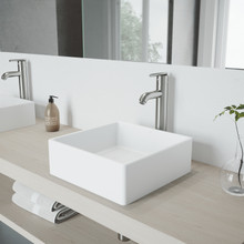VIGO VGT1001 Dianthus Matte Stone Vessel Bathroom Sink Set With Seville Vessel Faucet In Brushed Nickel