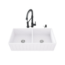 VIGO VG15464 All-In-One 33" Matte Stone Double Bowl Farmhouse Sink Set With Edison Faucet In Matte Black, Two Strainers And Soap Dispenser