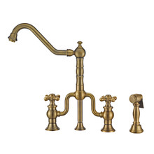 Whitehaus WHTTSCR3-9771-NT-AB Twisthaus Plus Bridge Kitchen Faucet with Traditional Swivel Spout, Cross Handles and Brass Side Spray - Antique Brass