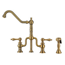 Whitehaus WHTTSLV3-9771-NT-AB Twisthaus Plus Bridge Kitchen Faucet with Traditional Swivel Spout, Lever Handles and Brass Side Spray - Antique Brass